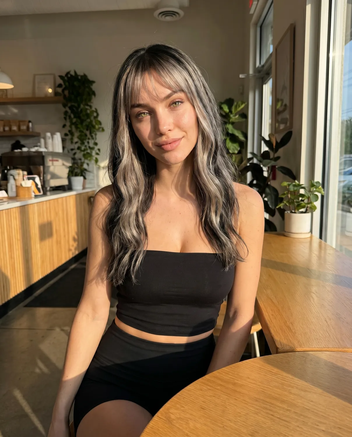Phone-camera-style photo of a woman at a sunlit café — the sifted after