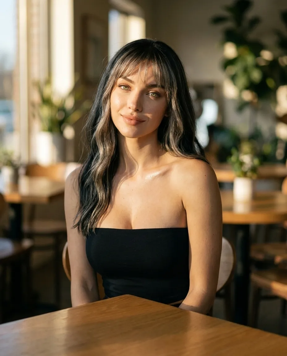 Editorial AI-style portrait of a woman in a sunlit café — the glammed before
